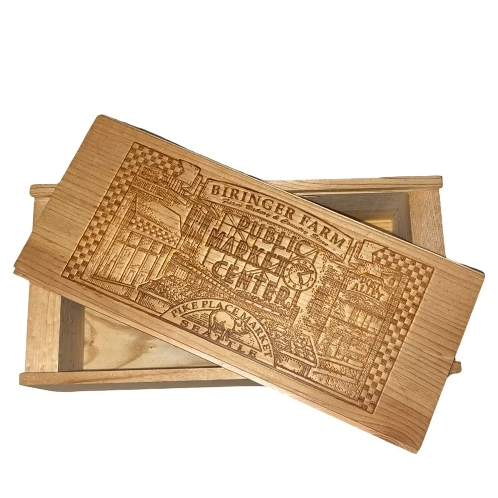 BIRINGER FARM Wooden Storage Box Sliding Lid Solid Wood Etched Engraved Design